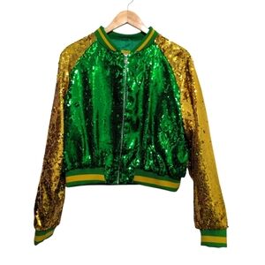 Sequin Varsity Jacket Green And Gold Mardi Gras Inspired Semi Cropped Size 2X